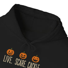 Load image into Gallery viewer, "Live Scare Cackle" Pumpkin Halloween Hoodie
