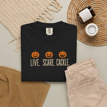 Load image into Gallery viewer, "Live. Scare. Cackle." Halloween Pumpkin T-Shirt