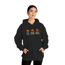 Load image into Gallery viewer, "Live Scare Cackle" Pumpkin Halloween Hoodie