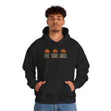 Load image into Gallery viewer, "Live Scare Cackle" Pumpkin Halloween Hoodie

