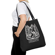 Load image into Gallery viewer, Black Bigfoot Believe Tote Bag
