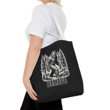 Load image into Gallery viewer, Black Bigfoot Believe Tote Bag
