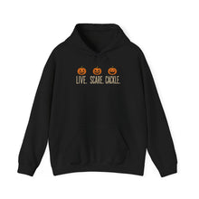 Load image into Gallery viewer, "Live Scare Cackle" Pumpkin Halloween Hoodie
