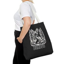 Load image into Gallery viewer, Black Bigfoot Believe Tote Bag
