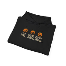 Load image into Gallery viewer, "Live Scare Cackle" Pumpkin Halloween Hoodie

