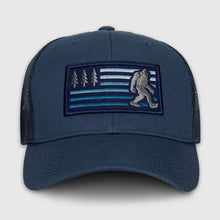 Load image into Gallery viewer, Navy Bigfoot American Flag Trucker Hat
