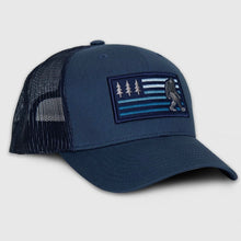 Load image into Gallery viewer, Navy Bigfoot American Flag Trucker Hat

