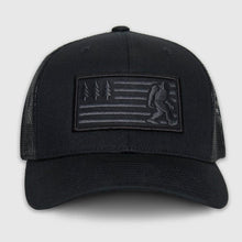 Load image into Gallery viewer, Black Bigfoot American Flag Trucker Hat
