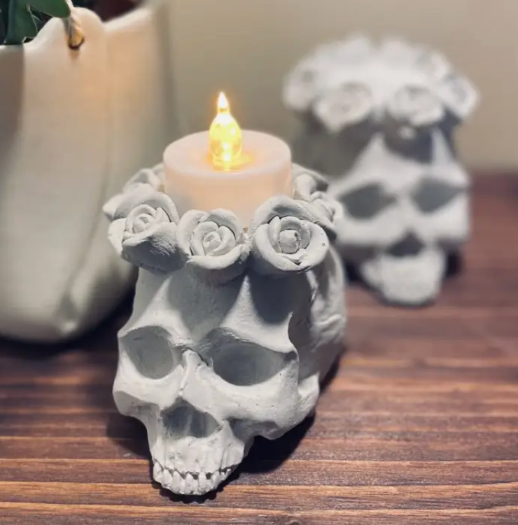 Concrete Skull Candle Holder